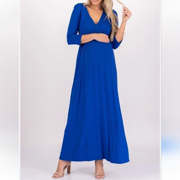 Mother Bee Royal Blue Maternity Nursing Maxi Dress | Faux Wrap Jersey Knit Comfy - Picture 2 of 10